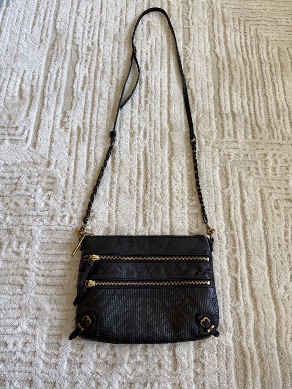 Elliott Lucca Black Leather Crossbody Bag Woven Texture Gold Hardware Multi Zip